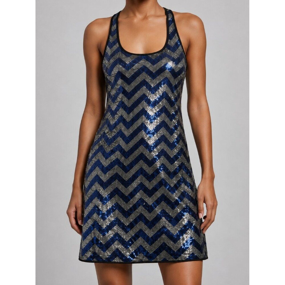 Jay Godfrey Y2K Sequin Chevron Racerback Mini Dress Blue Silver 2